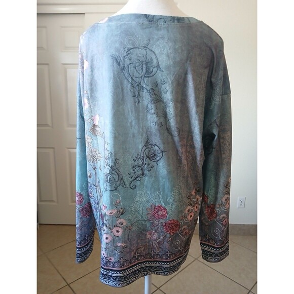 Flamingals Womens M Long Sleeve round neck floral print T-shirt with hoop zipper - Picture 2 of 14